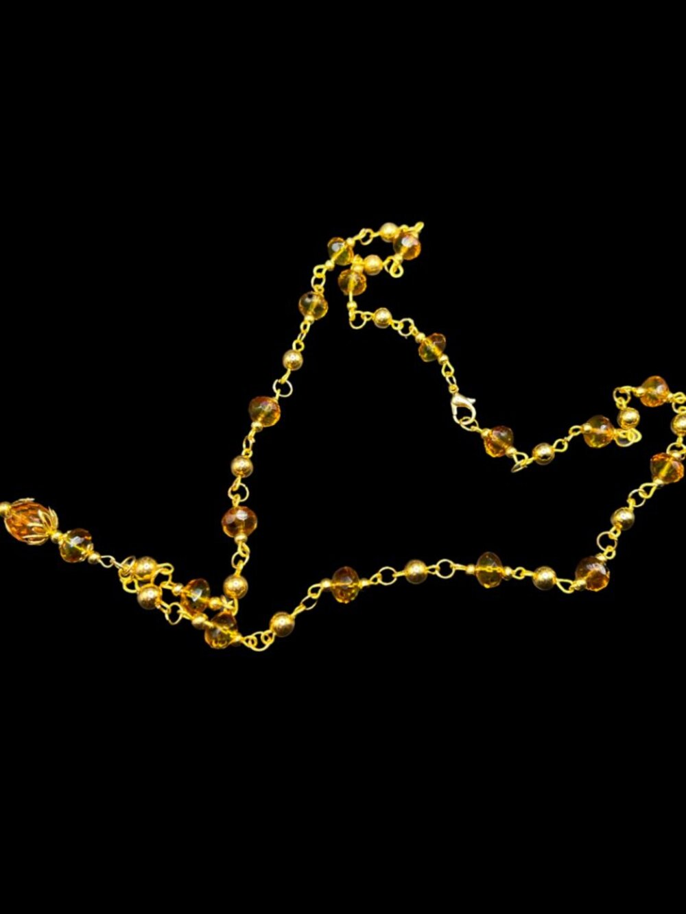 Amber Uranium Glass Bead Necklace UV Reactive Glows Green Gold-Toned Metal - Picture 8 of 9